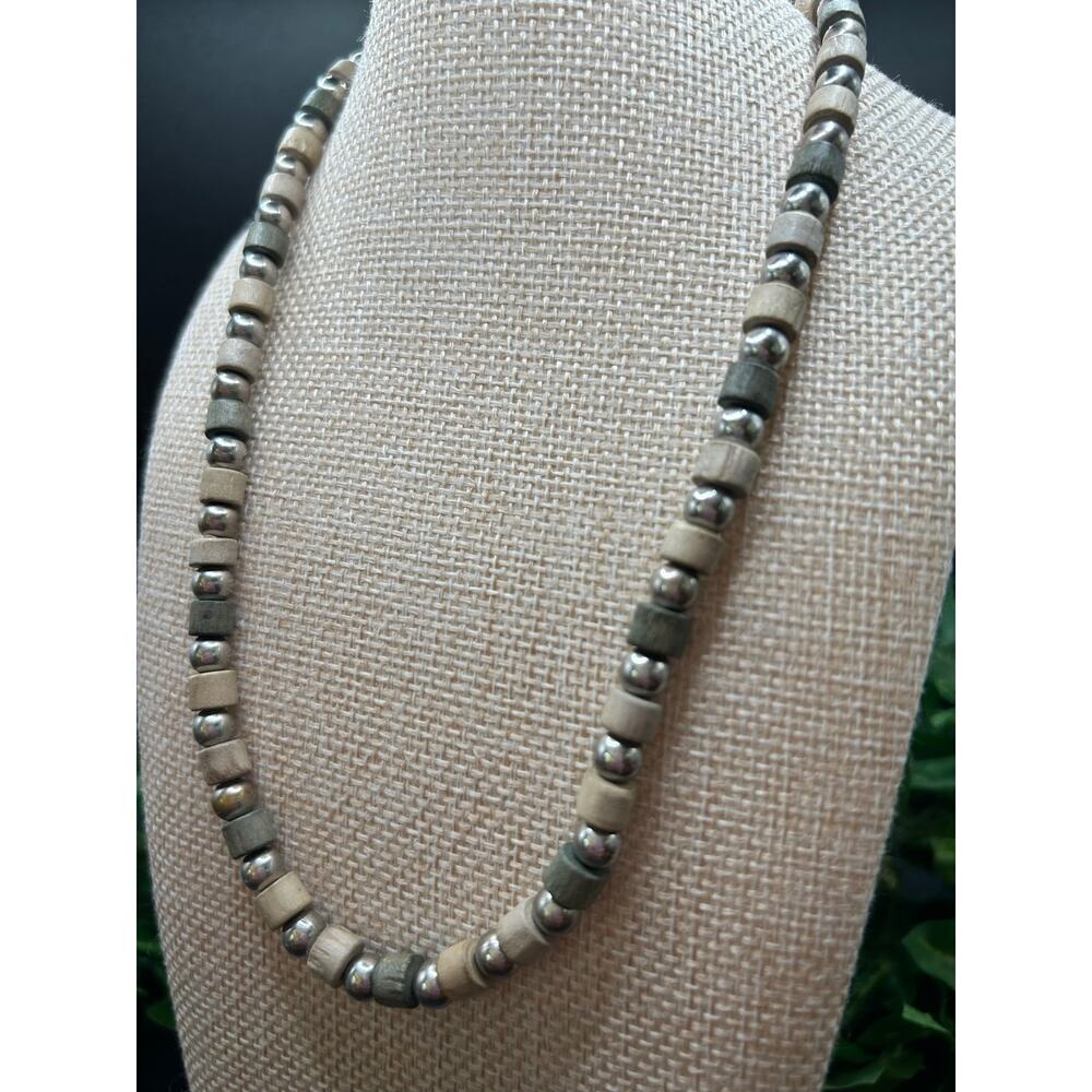Panama Jack Wood Bead Necklace 18" Silver Tone Earth Tones Boho Casual New